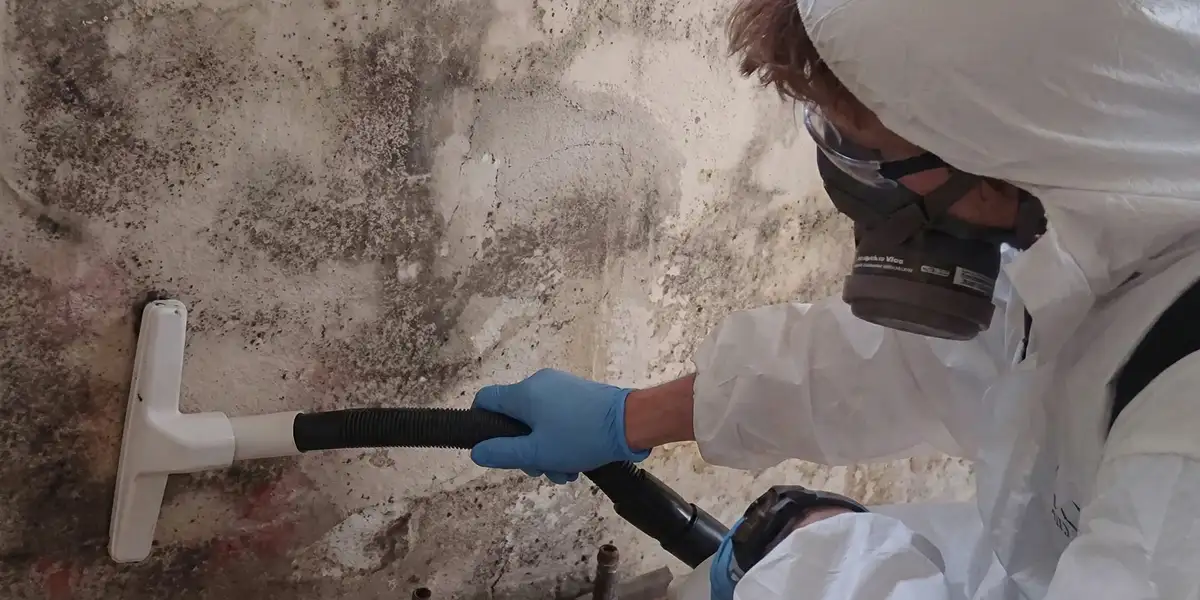 professional mold removal technician wearing protective equipment removing mold from a wall in Oklahoma City, OK