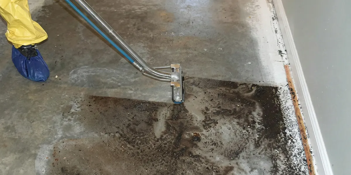 sewage removal technicians extracting contaminated wastewater from a residential floor in Oklahoma City, OK